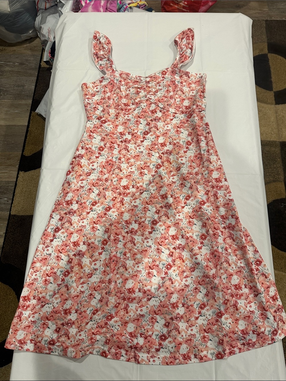 Woman Pink Floral Sundress with Ruffle Straps
